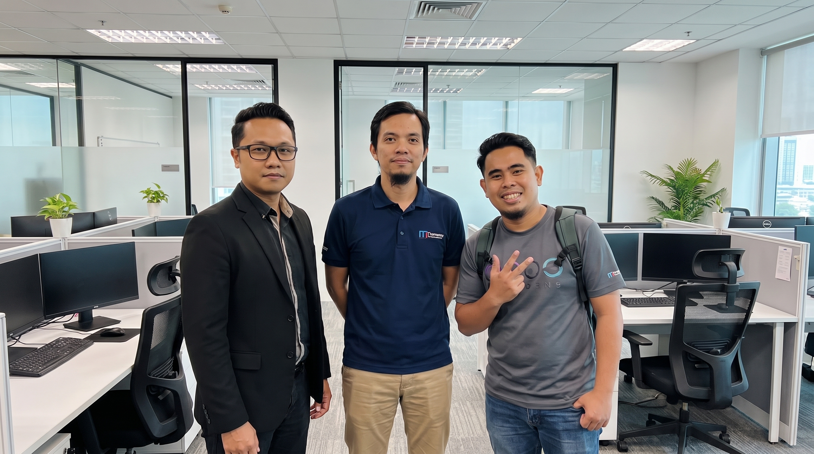 Arez Tech team members standing in a modern office workspace.