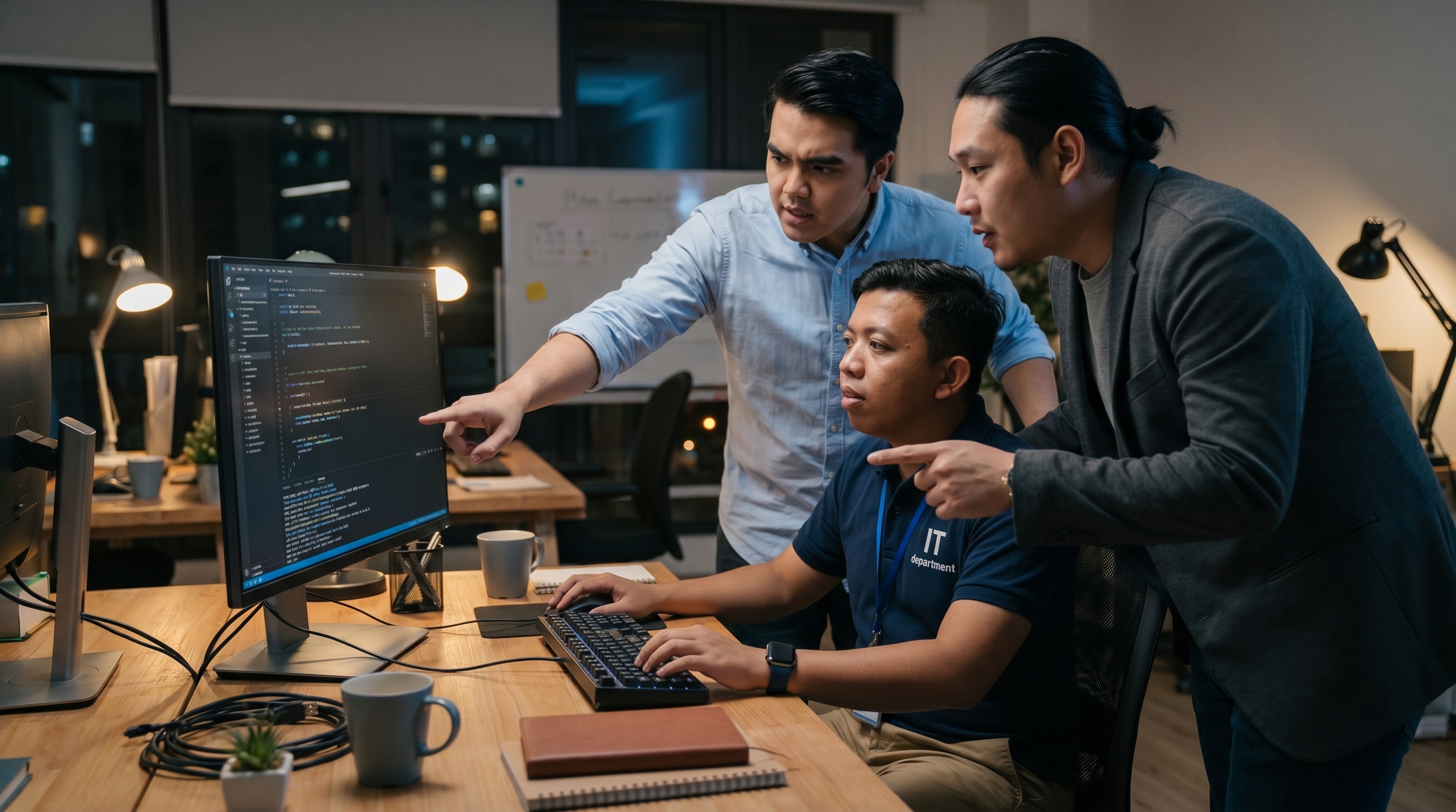 Three IT team members collaborating around a computer in a modern office.